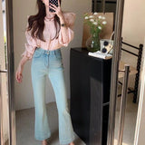 Wenkouban Women's Wide Edged Micro Flared Jeans Young Girl ankle-length Denim Trousers Vintage Bottoms Female High Waisted Cropped Pants