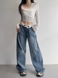 Wenkouban- Vintage Y2k Jeans Women Baggy Kpop Gyaru Streetwear Wide Blue Denim Pants Harajuku Korean Acubi Fashion High Waist Jeans