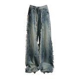 Wenkouban-Rugged Striped High Street Trendy Washed Do Old Patchwork Jeans for Women American Retro Oversized Loose Wide Leg Mop Pants