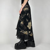 Wenkouban Vintage Print Black Mesh Skirt Women Elegant Grunge Low Waisted Long Skirt High Street Y2K Slim Outfits Aesthetic