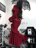 Wenkouban-new years eve outfits Christmas party outfits Autumn Red Vintage Dress Women Lace French Retro Elegant Evening Party Dress Female Long Sleeve Chic Midi Dress Halloween 2024