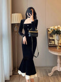 Wenkouban-Christmas Outfit New Year's Eve Dress party look inspos Vintage Bodycon Black Velvet Mermaid Party Dress Women Elegant Square Collar Lace Patchwork Evening Vestidos Autumn Prom Robe