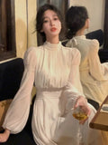 Wenkouban-Christmas Outfit New Year's Eve Dress party look inspos 2024 Autumn Turtleneck Solid Midi Dress Women Long Sleeve French Elegant One Piece Dresses Spring Korean Fashion Y2k Clothing