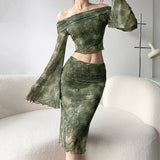 Wenkouban Vintage Print Mesh Long Skirt Elegant Lady Low Waist Bodycon Wrap Skirt Grunge Style Green Aesthetic Street Outfits