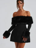 Wenkouban-new years eve outfits Christmas party outfits Women Black Fluffy Faux Fur Backless Mini Dress Fashion Strapless High A-neck Slim Dresses 2024 New Lady Party Gown Vestidos