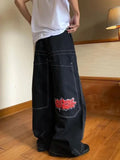 Wenkouban- Y2k Oversized Black Women Jeans Vintage Wide Leg Embroidery Denim Trousers Grunge Hip Hop Style Streetwear Baggy Jeans