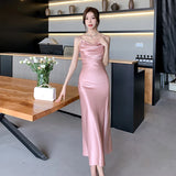 Wenkouban-Christmas Party Dresses Elegant Party Black Satin Midi Dresses for Women 2024 Summer New Sexy Fashion Bodycon Sleeveless Split Strap Female Clothing