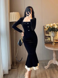 Wenkouban-Christmas Outfit New Year's Eve Dress party look inspos Vintage Bodycon Black Velvet Mermaid Party Dress Women Elegant Square Collar Lace Patchwork Evening Vestidos Autumn Prom Robe