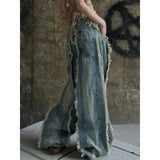 Wenkouban-Rugged Striped High Street Trendy Washed Do Old Patchwork Jeans for Women American Retro Oversized Loose Wide Leg Mop Pants