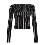 Wenkouban Women Dot Print Fitted Crop Top Elegant Casual Long Sleeve Vintage T-shirt Autumn Fashion Basic Tees Street Outfits