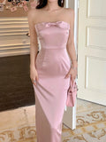 Wenkouban-Christmas Party Dresses Pink Bow Neckline Patchwork Mesh Vest Dress Long Skirt Satin Light Gown High Waist Slim-Fit Elegant Party Maxi Dresses Female