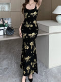 Wenkouban-Christmas Outfit New Year's Eve Dress party look inspos Spaghetti Strap Elegant Women Summer Dress Sleeveless Bodycon Slim Casual Black Floral Robe Female Chic Vestidos Mujers New