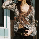 Wenkouban Lace Patchwork Leopard Print Lace-up Cardigan Top Y2K Long Sleeve Mesh Crop T-shirt Chic Stylish Autumn Sexy Sheer