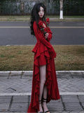 Wenkouban-new years eve outfits Christmas party outfits Autumn Red Vintage Elegant Dress Women Flare Sleeve Designer Sweet Long Dress Female Ruffles Retro Princess Irregular Dress 2024