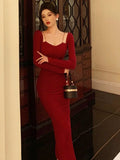 Wenkouban-back to school fit nyc outfit Elegant Red Bodycon Midi Dresses for Women Chain Square Collar Long Sleeves Slim Autumn New Fashion Slit Party Dress Prom Robe