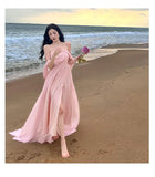 Wenkouban-Christmas Party Dresses  Pink Elegant Pleated High Waist Split Long Dress Women Fashion Backless Halter Strapless Fairy Dress Female 2024 Vestido