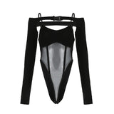 Wenkouban Mesh Patchwork Bodysuit and Smock Top Sexy Two Piece Set Women's Rave Festival Stylish Rompers Gothic Slim Clubwear