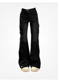 Wenkouban-High Street Office Lady Black Flare Jeans Slim Bell Bottoms Gyaru Fashion Denim Trousers Multiple Pockets 2000s American Retro