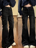 Wenkouban-High Street Office Lady Black Flare Jeans Slim Bell Bottoms Gyaru Fashion Denim Trousers Multiple Pockets 2000s American Retro