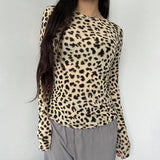 Wenkouban Leopard Print Women T-shirt Y2K Long Sleeve Fitted Crop Top Vintage Fashion Autumn Outfits O Neck Casual Tee Grunge