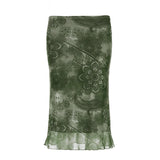 Wenkouban Vintage Print Mesh Long Skirt Elegant Lady Low Waist Bodycon Wrap Skirt Grunge Style Green Aesthetic Street Outfits