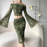 Wenkouban Vintage Print Mesh Long Skirt Elegant Lady Low Waist Bodycon Wrap Skirt Grunge Style Green Aesthetic Street Outfits