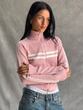 Wenkouban Vintage Cropped Pink Cardigan Women Streetwear Y2k Zip Up Striped Knitted Sweater Casual Basic Long Sleeve Tops New