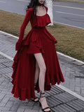 Wenkouban-new years eve outfits Christmas party outfits Autumn Red Vintage Elegant Dress Women Flare Sleeve Designer Sweet Long Dress Female Ruffles Retro Princess Irregular Dress 2024