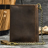 Wenkouban-Men Genuine Leather Short Wallet with Chain Zipper Clutch Wallets Male Short Trifold Purse Card Holder Change Coin Purse