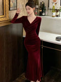 Wenkouban-Christmas Outfit New Year's Eve Dress party look inspos Elegant Velvet Evening Dresses Autumn Winter V-Neck Bodycon Mermaid Party Long Dress Solid Slim Waist Vestidos Women Clothing