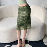 Wenkouban Vintage Print Mesh Long Skirt Elegant Lady Low Waist Bodycon Wrap Skirt Grunge Style Green Aesthetic Street Outfits