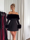 Wenkouban-new years eve outfits Christmas party outfits Women Black Fluffy Faux Fur Backless Mini Dress Fashion Strapless High A-neck Slim Dresses 2024 New Lady Party Gown Vestidos