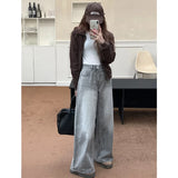 Wenkouban-Summer Grey Womens Jeans High Waist Baggy Casual Vintage Y2K Trend Straight Cargo Pants Street American Wide Leg Denim Trouser