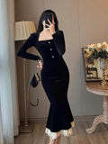 Wenkouban-Christmas Outfit New Year's Eve Dress party look inspos Vintage Bodycon Black Velvet Mermaid Party Dress Women Elegant Square Collar Lace Patchwork Evening Vestidos Autumn Prom Robe