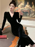 Wenkouban-Christmas Outfit New Year's Eve Dress party look inspos Elegant Velvet Evening Dresses Autumn Winter V-Neck Bodycon Mermaid Party Long Dress Solid Slim Waist Vestidos Women Clothing