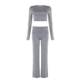 Wenkouban Basic Casual Women Fitness Two Piece Set Long Sleeve Cropped Top and Low Waist Fitted Trousers Yoga Clothing Sporty