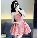 Wenkouban New pink print Sweet A-line Summer Dress For Women 2024 Sexy Strapless Slim Mini Ballet Cute Princess Dress