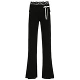 Wenkouban Lace Patchwork Bow Detail Low Waisted Flare Pants Fashion Y2K Slim Fit Boot Cut Trousers Black Aesthetic Streetwear