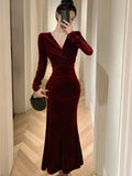 Wenkouban-Christmas Outfit New Year's Eve Dress party look inspos Elegant Velvet Evening Dresses Autumn Winter V-Neck Bodycon Mermaid Party Long Dress Solid Slim Waist Vestidos Women Clothing