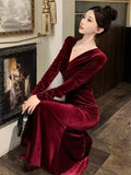 Wenkouban-Christmas Outfit New Year's Eve Dress party look inspos Elegant Velvet Evening Dresses Autumn Winter V-Neck Bodycon Mermaid Party Long Dress Solid Slim Waist Vestidos Women Clothing