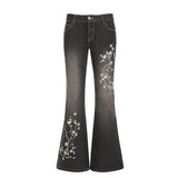 Wenkouban Plant Printed Embroidery Y2K Flare Jeans Women Vintage Skinny Boot Cut Trousers Fashion Street 2000s Denim Pants Fall