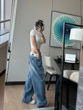 Wenkouban- Vintage Y2k Jeans Women Baggy Kpop Gyaru Streetwear Wide Blue Denim Pants Harajuku Korean Acubi Fashion High Waist Jeans