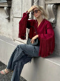 Wenkouban-Christmas Thanksgiving outfits_Fashion Tassels Patchwork Wine Red Knitted Cardigan Christmas Sweater