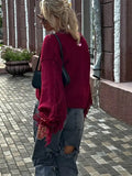 Wenkouban-Christmas Thanksgiving outfits_Fashion Tassels Patchwork Wine Red Knitted Cardigan Christmas Sweater