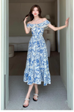 Wenkouban-2025 dress to impress party dress nye outfits Women's summer blue oil painting floral dress YM1159