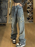 Wenkouban-Faded vintage boyfriend jeans with star patch- Streetwear y2k outfits Fall Outfits Christmas Thanksgiving Gift New Year's Eve