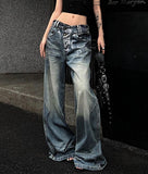 Wenkouban-American Retro Hottie Distressed Wash Jeans Y2K Streetwear Hip Hop Loose Casual Harajuku Fashion Street Straight Wide Leg Jeans