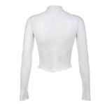 Wenkouban-y2k outfits retro design Women's Lace Mesh Crop Tops Long Sleeve Floral Sheer Blouse Sexy Shirt High Neck See-Through Slim Fit Tee Shirts Clubwear