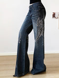 Wenkouban-y2k Outfits christmas outfit Embroidered Rhinestone Washed Low-Rise Flared Jeans