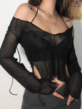 Wenkouban-Sexy Lace Up V Neck Long Sleeve Black T Shirts for Women Female Club Wear Mesh Blouses See Through Crop Tops